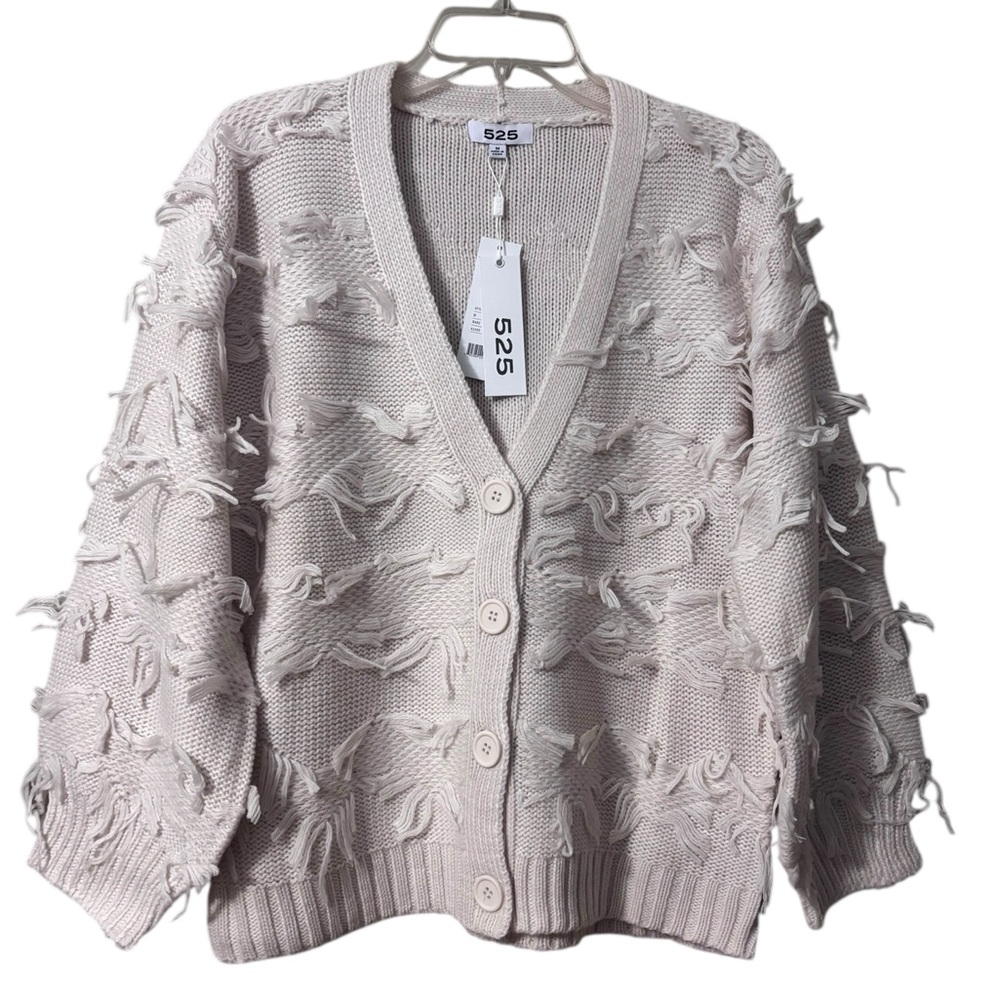 NWT 525 America Sweaters Fringe V Neck button front cream Cardigan Medium - Picture 6 of 12
